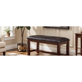 Sunvega Farmhouse Style Espresso Brown Faux Leather Upholstered Bench with Footrest
