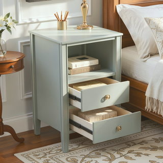 Sunvega Antique White Winston 2-Drawer Nightstand with Open Shelf and Fluted Legs
