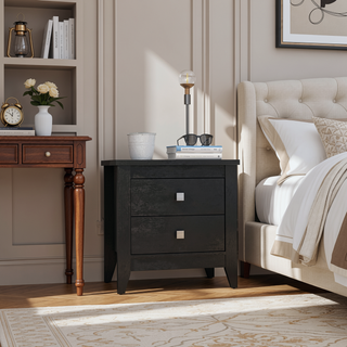 Sunvega Black Nightstand with Two Drawers and Four Legs Featuring a Superior Top