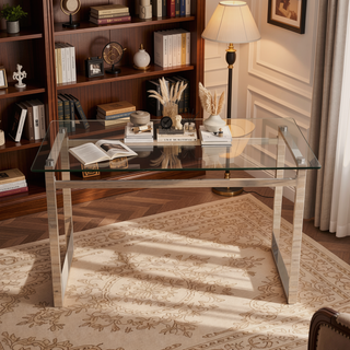 Sunvega Modern Minimalist Rectangular Glass Dining Table for 4-6 with Silver Chrome Metal Legs