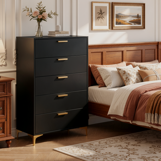 Sunvega Black and Gold 5-Drawer Rectangular Chest with Glamorous Bracket Legs