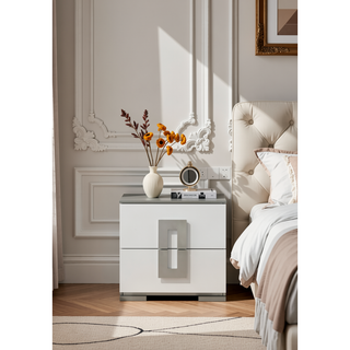 Sunvega Sleek White Modern Nightstand with Two Spacious Drawers for Bedside