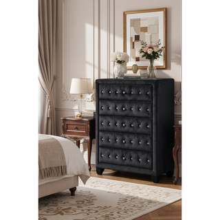 Sunvega Sophia Cream Velvet Upholstered Crystal Tufted 5-Drawer Chest for Bedroom