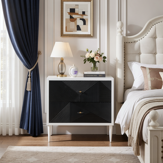 Sunvega White and Black Accent Nightstand with Two Patterned Drawers and Wooden Legs