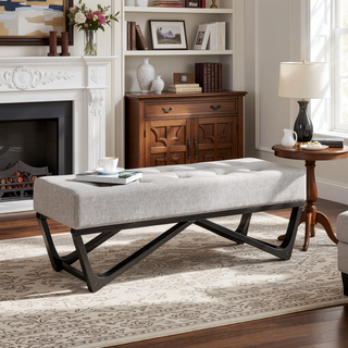 Sunvega Modern Ottoman Bench with Button-Tufted Waffle Stitch and Geometric Legs