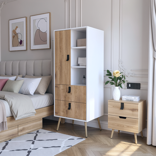 Sunvega White and Macadamia Tall Dresser with Two Drawers and Side Shelves