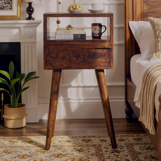 Sunvega Solid Mango Wood Nightstand with Drawer and Open Shelf for Bedroom