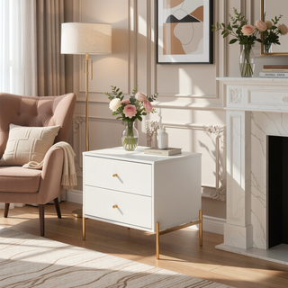 Sunvega Modern Nightstand in Off White with Two Full Extension Drawers