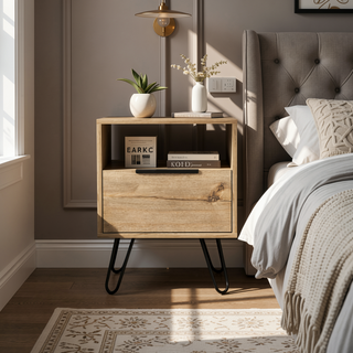 Sunvega Light Oak Nightstand with Hairpin Legs and Drawer for Bedroom or Living Room