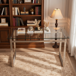 Sunvega 51" Modern Minimalist Rectangular Glass Dining Table for 4-6 with Silver Chrome Metal Legs