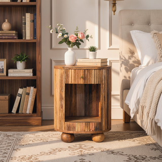 Sunvega Solid Mango Wood Bedside Table with Drawer and Open Shelf