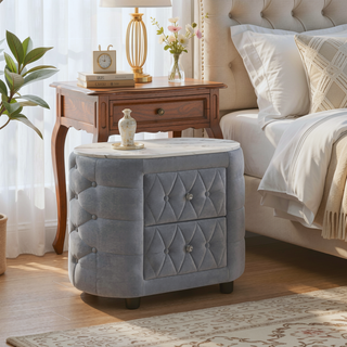 Sunvega Modern Fabric Upholstery Nightstand with Faux Marble Top and Two Storage Drawers