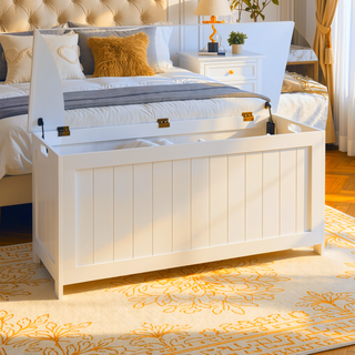 Sunvega White Wooden Storage Chest with Two Safety Hinges and Side Handles