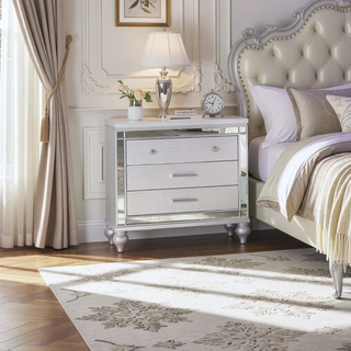 Sunvega Mirror Accented Modern Style Nightstand with Three Spacious Drawers in Silver