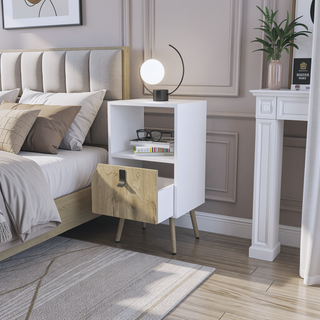 Sunvega White Macadamia Nightstand with Storage Drawer and Open Shelf