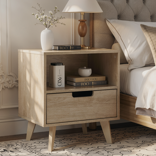Sunvega Modern Nightstand with Open Cubby Sleek Cutout Drawer and Tapered Legs