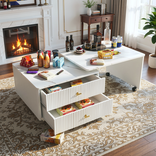 Sunvega Modern Swivel Square Coffee Table with Rotatable Top and Two Drawers