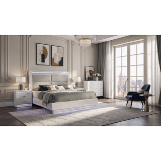 Sunvega Glam Modern White Wood Nightstand with LED Lights and Velvet Lined Drawer