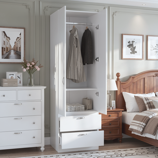 Sunvega 76 Inch High Armoire Wardrobe with 2 Drawers Double Door and Hanging Rod