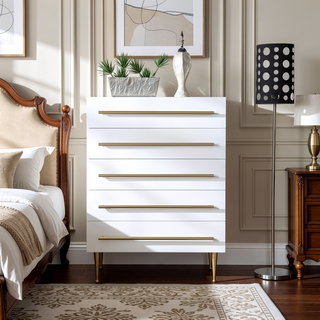 Sunvega White Wooden Storage Unit with Gold Accent and 5 Drawers for Bedroom
