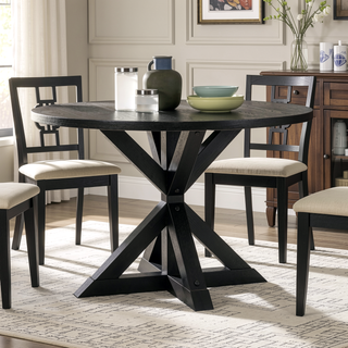 Sunvega Cross-Buck Base Dining Table in Black Made of Solid Rubberwood