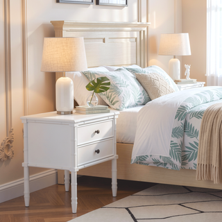 Sunvega White Emmett Nightstand with Two Drawers and Carved Wood Legs