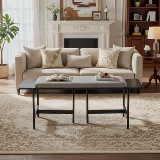 Sunvega Contemporary Black Metal and Grey Fabric Bench with Distressed Wood Accent