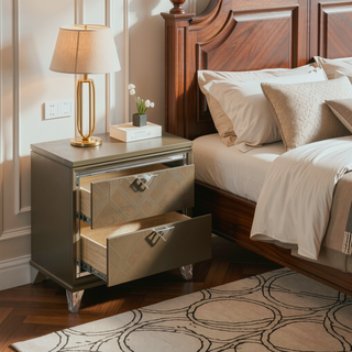 Sunvega Dark Champagne Nightstand with Two Drawers and Mirror Trim
