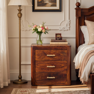 Sunvega Luca Dark Brown Chestnut Nightstand with 3 Drawers and Gold Knobs