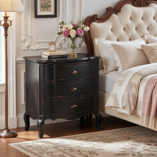 Sunvega Antique Black Finish Nightstand with Three Durable Drawers and Cabriole Legs