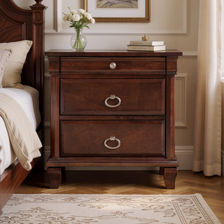 Sunvega Classic Traditional Nightstand in Rich Cappuccino Wood Veneer with Felt Lined Drawers