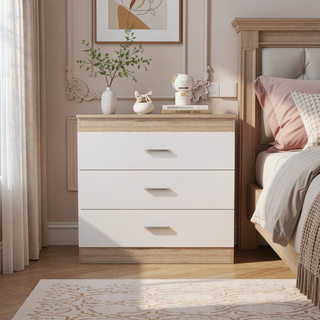Sunvega Melia Three Drawer Dresser with Metal Hardware in Light Gray and White