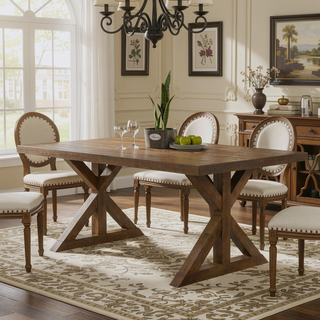 Sunvega Modern Farmhouse Wood Trestle Dining Table in Brushed Driftwood Finish