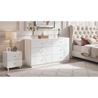 Sunvega White Lacquer Dresser with Six Smooth-Glide Drawers and Marble Accents