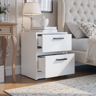 Sunvega White Finish Chequered Nightstand with Two Spacious Drawers