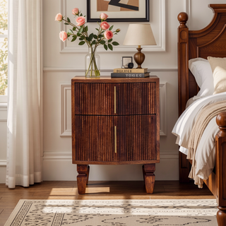Sunvega Solid Mango Wood Nightstand with Grooved Drawers and Brass Handles