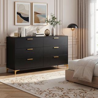 Sunvega Black and Gold 6-Drawer Dresser with Durable Metal Handle and Base