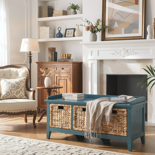 Sunvega Beige and Teal Storage Bench with Three Spacious Rattan Drawer Baskets