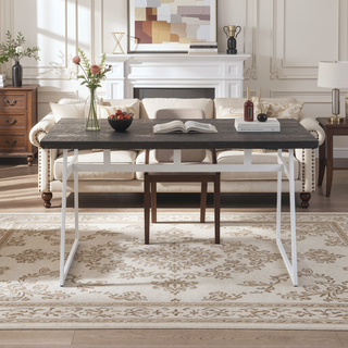 Sunvega Industrial Dining Table with Vintage White Metal Frame and Espresso Wood Top