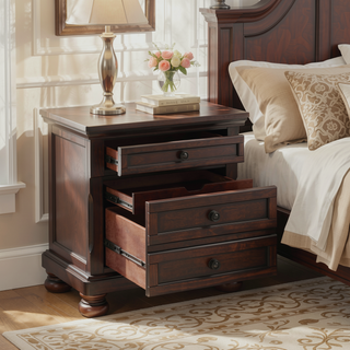 Sunvega Brown Cherry Finish Birch Veneer Nightstand with 2 Dovetail Drawers and Bun Feet