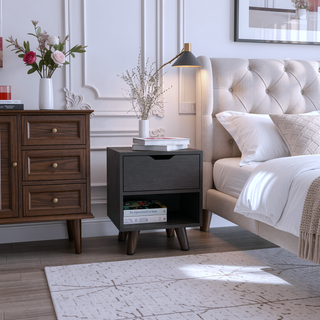 Sunvega Modern Nightstand with Open Shelf and Drawer on Wooden Legs for Bedroom