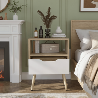 Sunvega Natural Oak and White Modern Nightstand with Drawer and Open Shelf