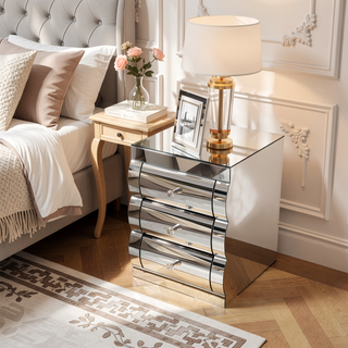 Sunvega Modern Handcraft Mirror Nightstand with 3 Drawers for Bedroom Silver