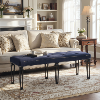 Sunvega Dark Navy Velvet Tufted Bench with Padded Apron and Mirrored Legs