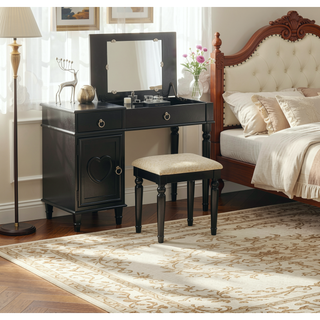 Sunvega Silver Color Rubber Wood Vanity Set with Stool and Open Up Mirror Storage