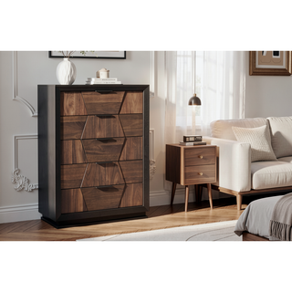 Sunvega Walnut Wood Tall Space Saving 5 Drawer Chest with Nickel Handles