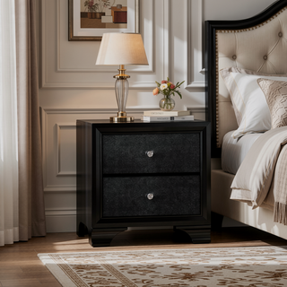 Sunvega Solid Wood Nightstand with 2 Textured Drawers and Crystal Knob Pulls