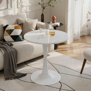 Sunvega Round White Pedestal Side Table with Marble Effect Top for Living Room