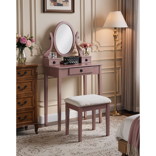 Sunvega Pink Wood Makeup Vanity Table and Stool Set with Mirror and Storage Drawers