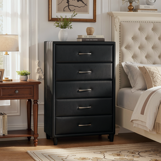 Sunvega Black Faux Leather Chest with 5 Smooth Gliding Drawers on Tapered Legs